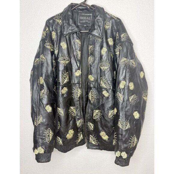 Original Modal Black Lambskin Leather Jacket Embroidered Diamonds $$ 3XL Read - Picture 8 of 13